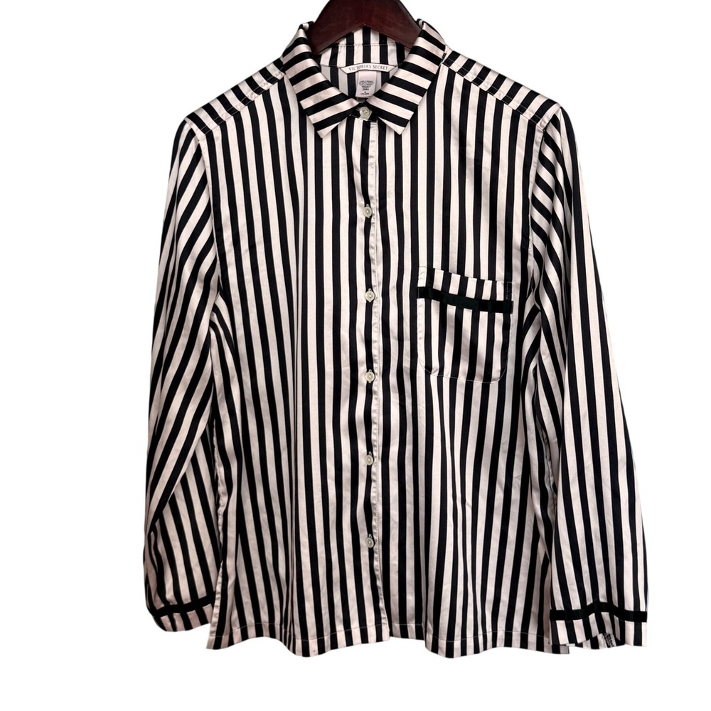 Victoria's Secret Satin Pajama Top Black White Striped Button Down Long Sleeve M
